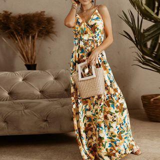 Floral Print V-neck Spaghetti Strap Midi A-line Dress