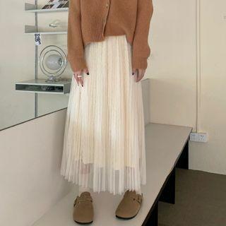 High-waist Mesh Accordion Pleat Maxi Skirt
