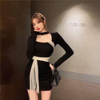 Long-sleeve Sheer Panel Sheath Dress Black - One Size
