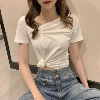Asymmetrical Neckline Shirred Cropped T-shirt