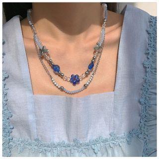 Beaded Floral Necklace Blue - One Size