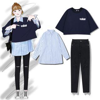 Striped Shirt / Lettering Crop Pullover / Distressed Skinny Jeans