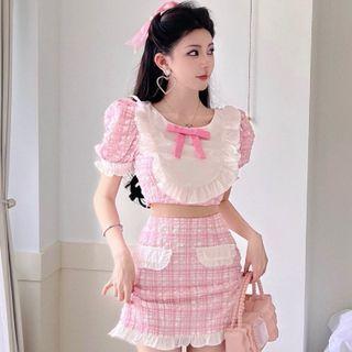 Puff-sleeve Plaid Frill Trim Crop Top / Mini Skirt