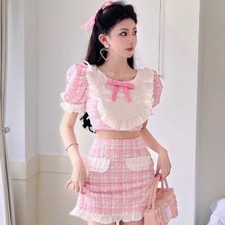 Puff-sleeve Plaid Frill Trim Crop Top / Mini Skirt