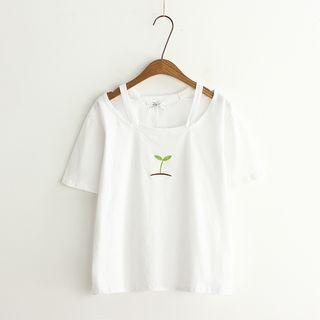 Embroidered Cold Shoulder Short-sleeve T-shirt