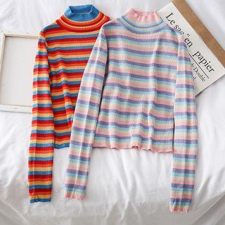 Mock-neck Striped Crop T-shirt