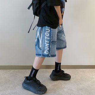 High-waist Washed Denim Printed Straight Leg Shorts