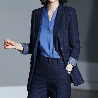 V-neck Blouse / Plaid Blazer / Pencil Skirt / Dress Pants