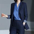 V-neck Blouse / Plaid Blazer / Pencil Skirt / Dress Pants