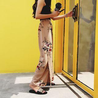 High-waist Floral Slit Wide-leg Pants / Camisole Top / Set