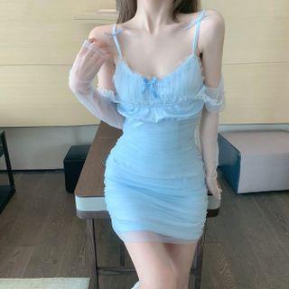 Short-sleeve Cold Shoulder Mesh Mini Dress