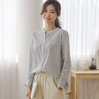 Mandarin-collar Tie-cuff Plaid Blouse