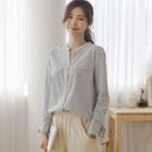 Mandarin-collar Tie-cuff Plaid Blouse