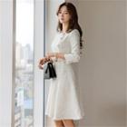 Square-neck Button-trim Tweed Dress With Belt