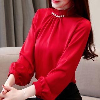 Mock-turtleneck Faux Pearl Chiffon Blouse