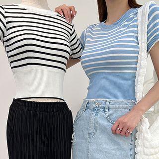 Ribbed-trim Stripe Knit Crop Top