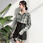 Plaid Long Shirt / A-line Faux Leather Skirt