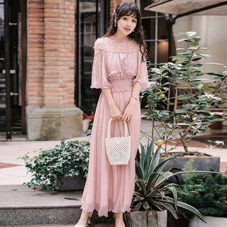 Elbow-sleeve Lace Paneled Frill Trim A-line Maxi Dress
