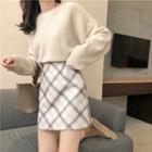 Plain Sweater / Gingham Mini Skirt