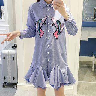 Applique Frill Hem Long-sleeve Shirtdress