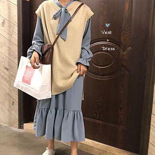 Long-sleeve Midi Dress / Sleeveless Knit Vest