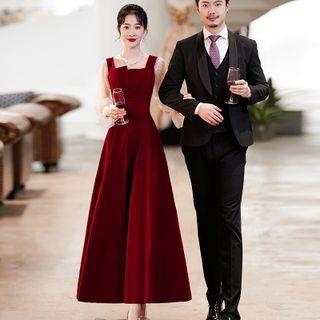 Long-sleeve Embellished Mesh Midi A-line Gown