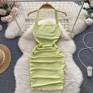 Sleeveless Halter Square-neck Plain Ruched Dress