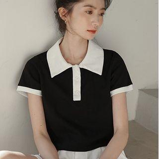 Short-sleeve Polo Collared Contrast Trim Knitted Top