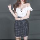 Ruffle Trim Could-shoulder Dotted Panel Sheath Dress