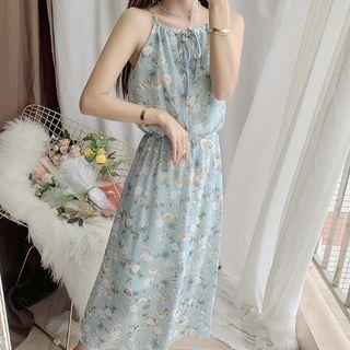 Spaghetti Strap Flower Print Midi A-line Dress / Blouse