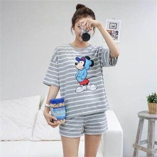 Set: Mickey Mouse Print Top + Stripe Shorts