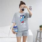 Set: Mickey Mouse Print Top + Stripe Shorts