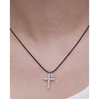 Faux-pearl Cross Pendant Silver Necklace