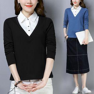 Panel Long-sleeve Mock Two-piece T Shirt
