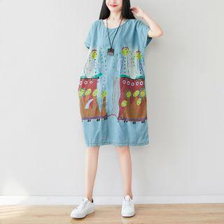 Printed Short Sleeve Denim Dress