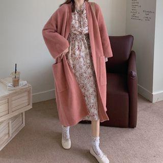 Floral Midi A-line Dress / Plain Long Cardigan