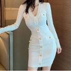 Long-sleeve Button-up Mini Knit Dress