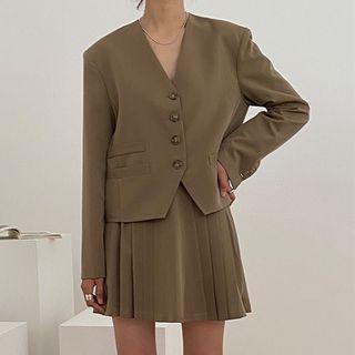 Set: V-neck Single-breasted Blazer + Mini A-line Pleated Skirt Set - Khaki - One Size