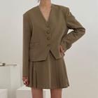 Set: V-neck Single-breasted Blazer + Mini A-line Pleated Skirt Set - Khaki - One Size