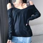 Lace Strap Cold-shoulder Knit Top Black - One Size