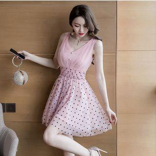 Sleeveless Polka Dot Mesh Paneled A-line Mini Dress