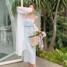Spaghetti Strap Flower Print Midi A-line Dress / Open Front Light Jacket
