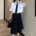 Short-sleeve Crop Shirt / Midi A-line Skirt