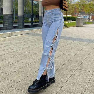 High Waist Ribbon-accent Straight-fit Pants