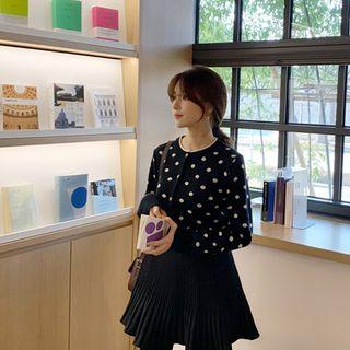 Round-neck Polka-dotted Cardigan Black - One Size