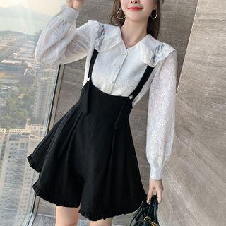 Lace Shirt / Wide-leg Suspender Shorts