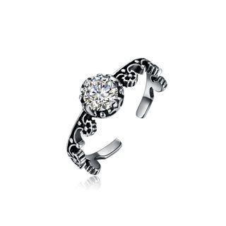 925 Sterling Silver Elegant Fashion Vintage Pattern Adjustable Opening Ring With Cubic Zircon  - One Size