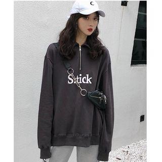 Lettering Half-zip Pullover Dark Gray - One Size