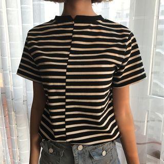Short-sleeve Stripe Panel Asymmetric T-shirt