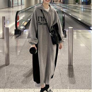 Lettering Zip-up Maxi Hoodie Dress
